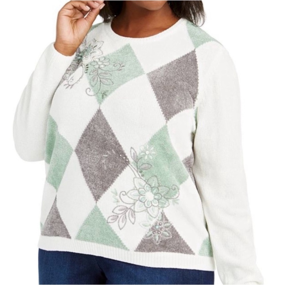 Alfred Dunner crewneck pullover argyle beaded long sleeve sweater petite…